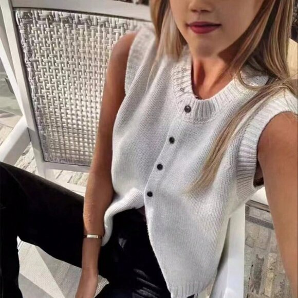Sweaters - Light Grey Casual Women's Solid Color Button Up Sweater Vest